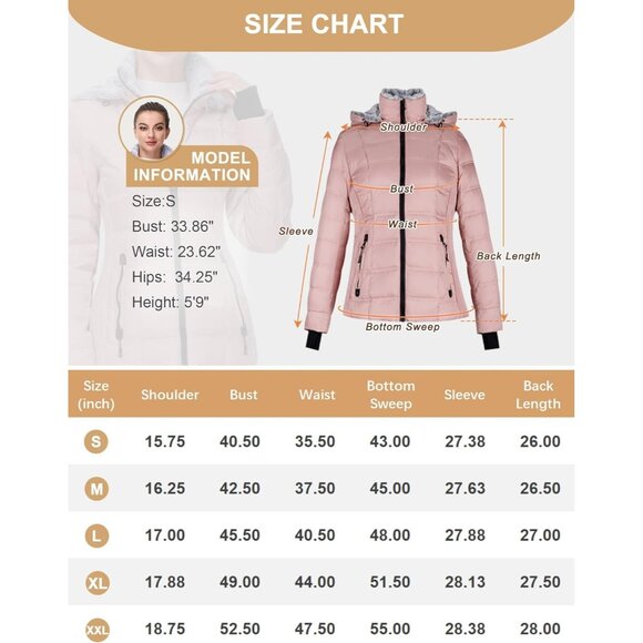 π Women Pink Down Puffer Jacket Warm Winter Coat Faux-Fur Collar Hooded Comfort - Picture 7 of 7